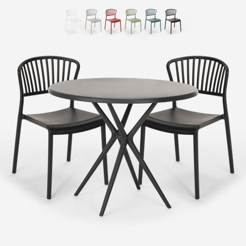 Ensemble 2 Chaises Design Moderne Table Ronde Noire 80cm pour jardin terrasse bar restaurant Gianum Dark Promotion