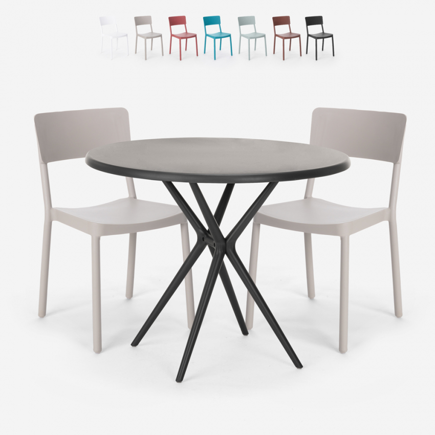 Set 80cm runder Tisch Schwarz, 2 moderne Design Stühle Aminos Dark Lagerbestand