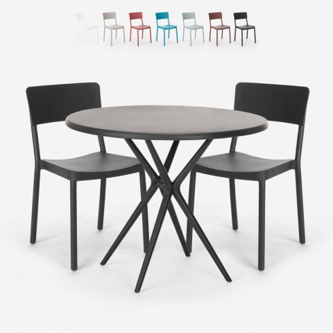 Ensemble Table Ronde Noire 80cm et 2 Chaises Design Moderne pour jardin restaurant bar Aminos Dark Promotion