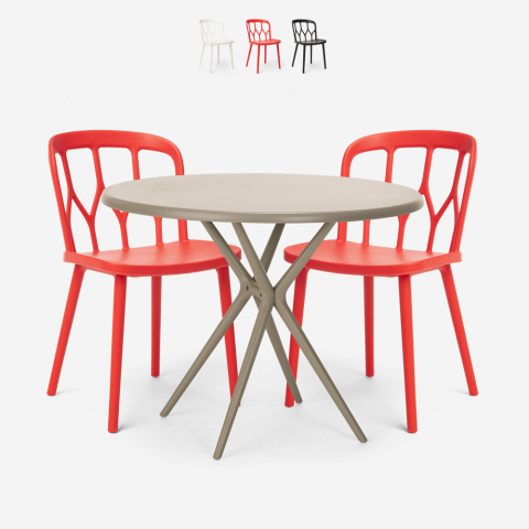 Set 2 Stühle Polypropylen Design Tisch 80cm rund beige Kento