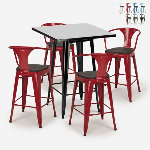 Table Haute Noire 60x60cm et 4 Tabourets style Tolix Bois Métal Bucket Wood Black Promotion