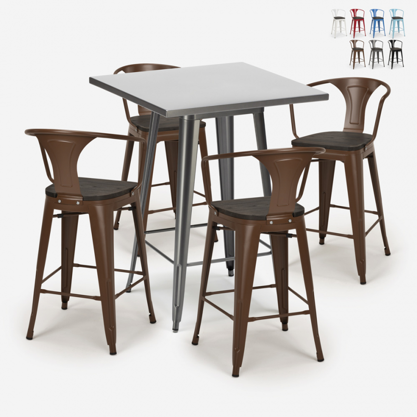 set tavolino alto industriale 60x60cm 4 sgabelli legno metallo bucket wood Sconti set tavolino alto industriale 60x60cm 4 sgabelli legno metallo bucket wood Sconti