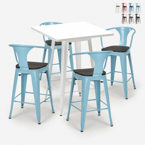 Set 4 sgabelli tolix tavolino metallo alto bianco 60x60cm Bucket Wood White Promozione