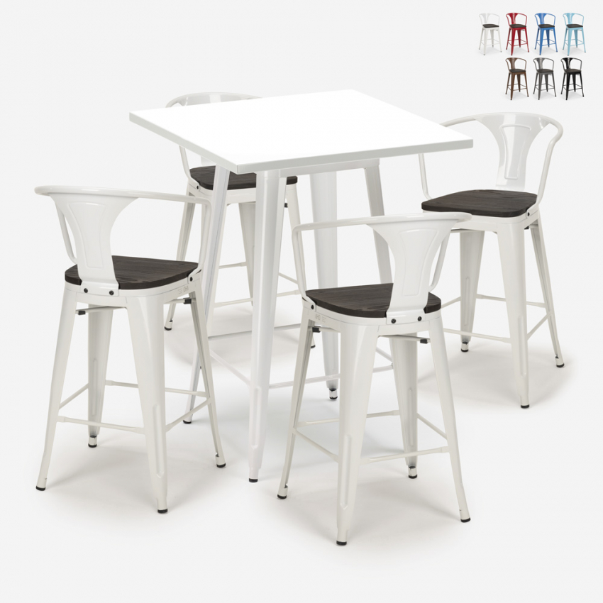 ensemble 4 tabourets table haute 60x60cm métal blanc bucket wood white Vente ensemble 4 tabourets table haute 60x60cm métal blanc bucket wood white Vente