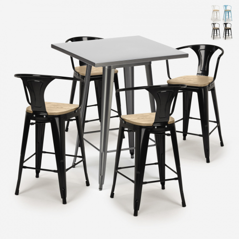 Ensemble Table 60x60cm 4 Tabourets Tolix Bar Cuisine Industriel Bucket Top Light Promotion