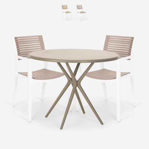 Ensemble Table Ronde 80cm Beige et 2 Chaises Polypropylène Design Jardin Cuisine Fisher Promotion