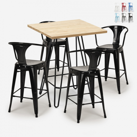 Set bar cucina 4 sgabelli tolix industriale tavolino legno 60x60cm Mason Promozione
