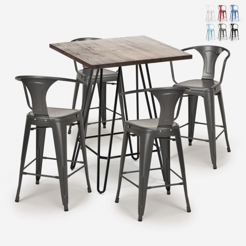Ensemble Table Bois 60x60cm 4 Tabourets Tolix Industriel Cuisine Bar Mason Noix Promotion