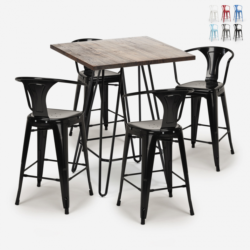 set cucina bar tavolino legno industriale 60x60cm 4 sgabelli mason noix Vendita set cucina bar tavolino legno industriale 60x60cm 4 sgabelli mason noix Vendita