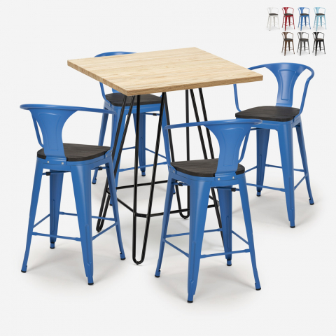 Ensemble 4 Tabourets Tolix Table Bois Métal 60x60cm Industriel Mason Wood Promotion