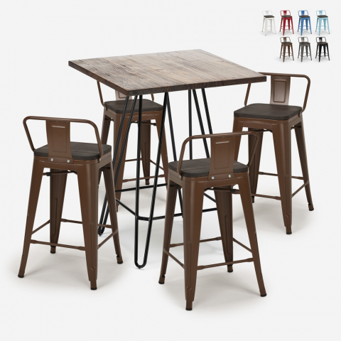 Set Tisch 60x60cm 4 Tolix-Hocker Holz und Metall Mason Noix Steel Top