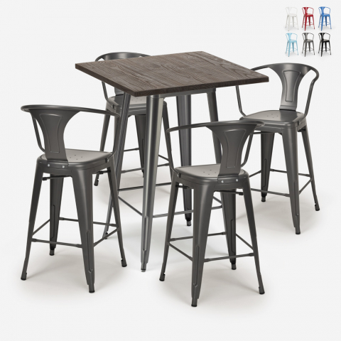 Hoher Tisch 60x60cm 4 industrielle Tolix-Hocker Holz Metall Bruck