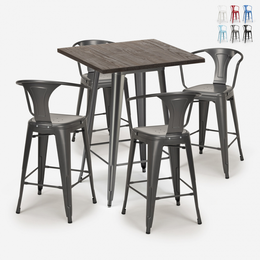 ensemble table haute bois 60x60cm 4 tabourets industriel métal bruck Promotion ensemble table haute bois 60x60cm 4 tabourets industriel métal bruck Promotion