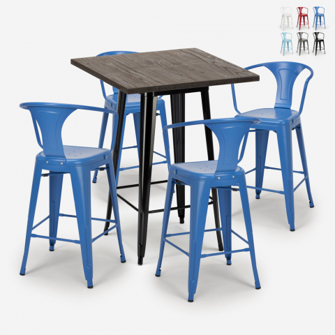 Set 4 sgabelli tolix metallo tavolino alto legno 60x60cm Bruck Black Promozione