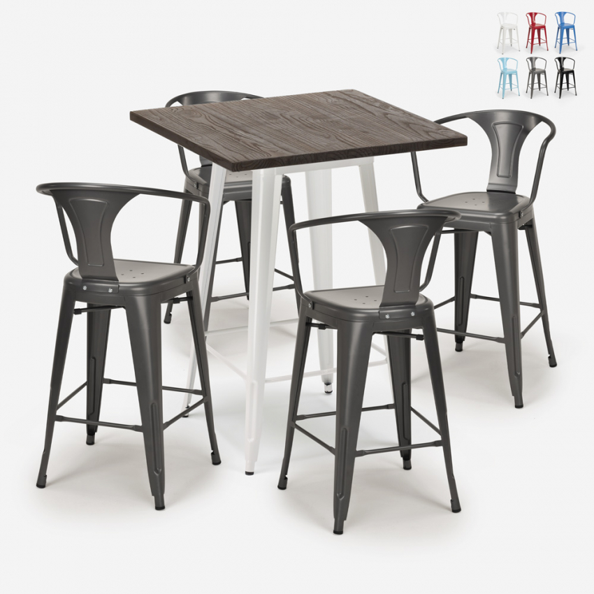 ensemble 4 tabourets table haute bois métal 60x60cm bar bruck white Remises ensemble 4 tabourets table haute bois métal 60x60cm bar bruck white Remises