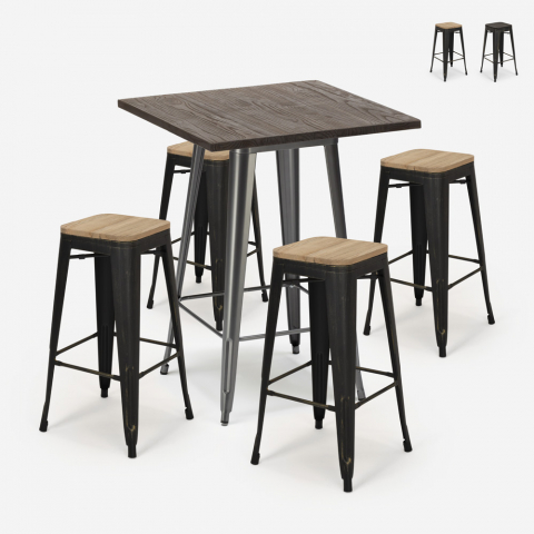 set tavolino bar alto 60x60cm 4 sgabelli Lix legno industriale bent Promozione