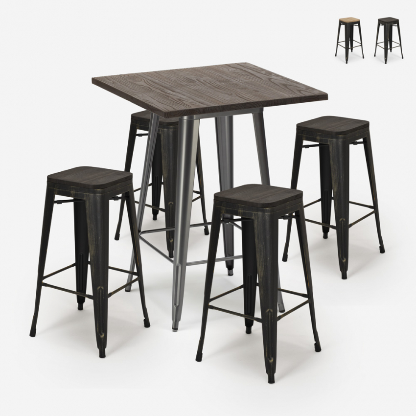 set tavolino bar alto 60x60cm 4 sgabelli legno industriale bent Vendita set tavolino bar alto 60x60cm 4 sgabelli legno industriale bent Vendita