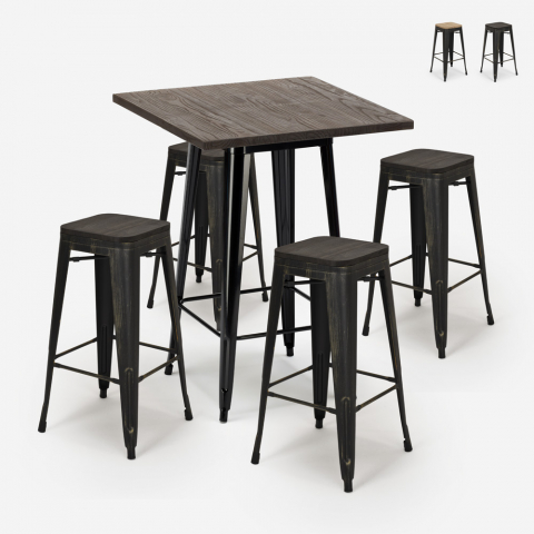 ensemble bar 4 tabourets bois industriel table haute 60x60cm bent black Promotion