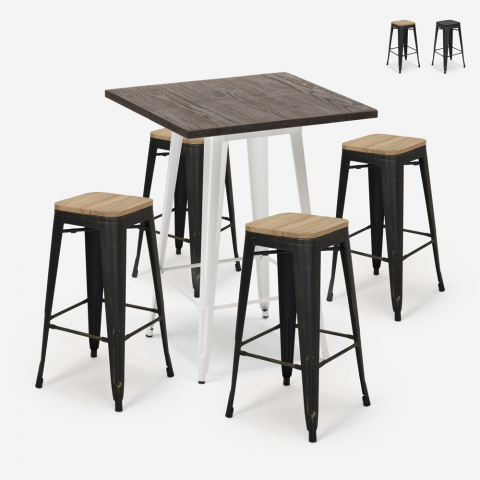 set bar industriale 4 sgabelli Lix legno tavolino alto 60x60cm bent white Promozione