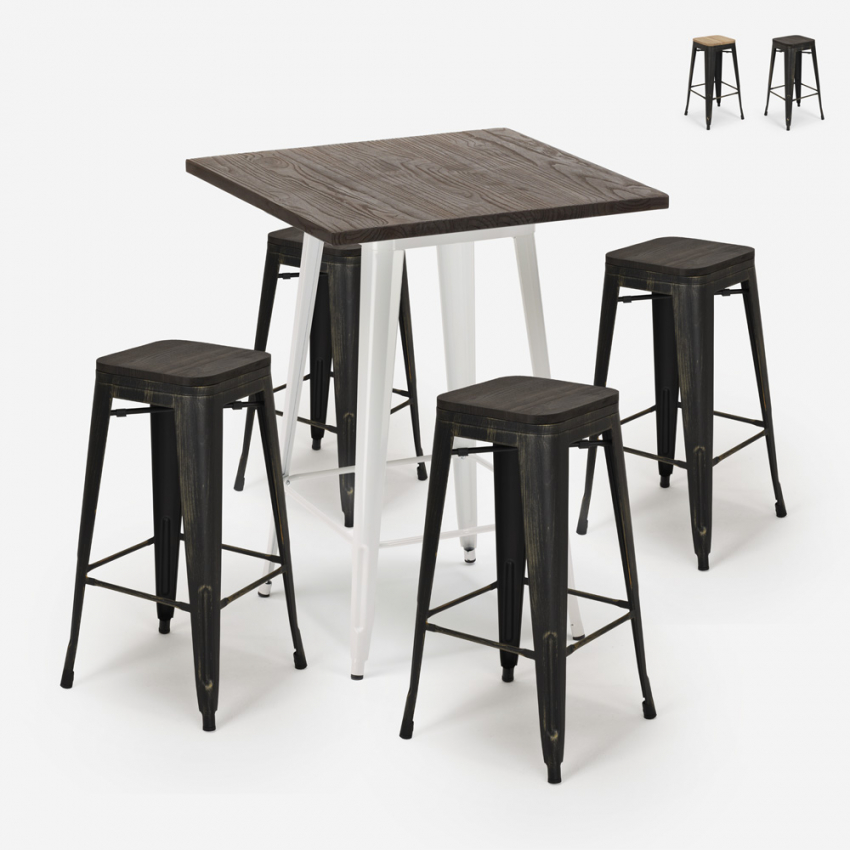set 4 hocker hoher tisch 60x60cm industrieller stil holz bar bent white Verkauf set 4 hocker hoher tisch 60x60cm industrieller stil holz bar bent white Verkauf