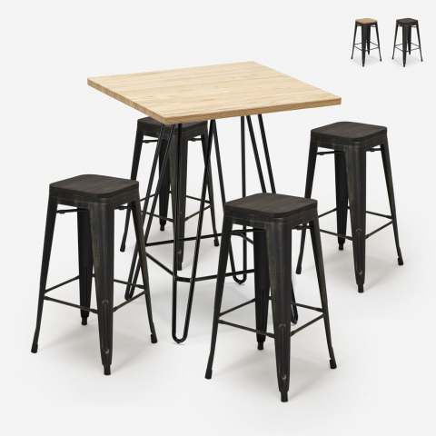 set bar cucina 4 sgabelli Lix legno tavolino alto industriale 60x60cm oudin Promozione