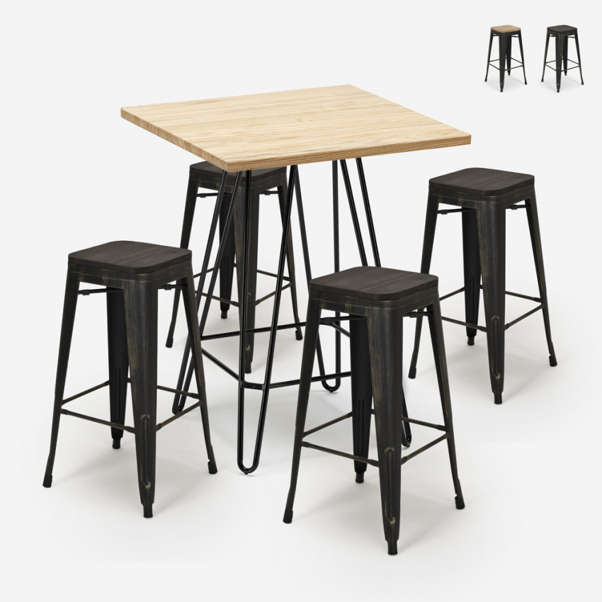 set bar cucina 4 sgabelli legno tavolino alto industriale 60x60cm oudin Promozione set bar cucina 4 sgabelli legno tavolino alto industriale 60x60cm oudin Promozione