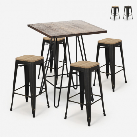Set Tisch 60x60cm 4 Tolix Hocker Industiell Holz Metall Oudin Noix