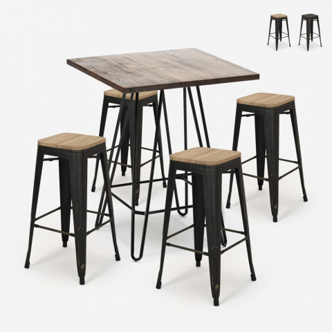 Set tavolino industriale 60x60cm 4 sgabelli tolix legno metallo Oudin Noix Promozione