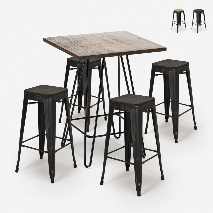set tavolino industriale 60x60cm 4 sgabelli legno metallo oudin noix Vendita set tavolino industriale 60x60cm 4 sgabelli legno metallo oudin noix Vendita