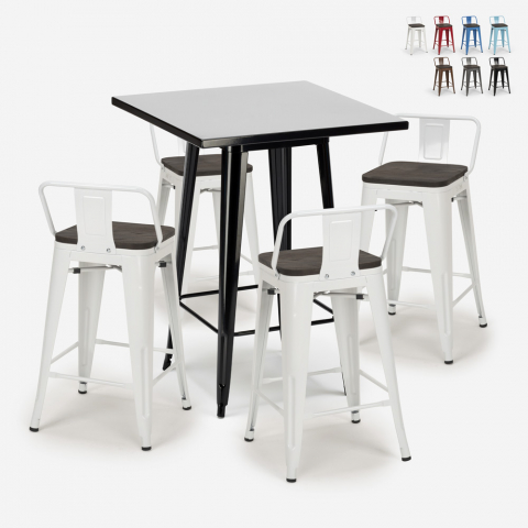 Ensemble 4 Tabourets style Tolix Table Noire 60x60cm Métal Industriel Buch Black Promotion