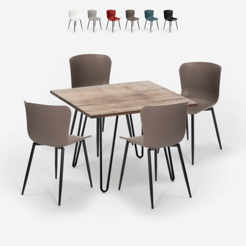 Set tavolo quadrato 80x80cm 4 sedie legno metallo stile industriale Claw Promozione