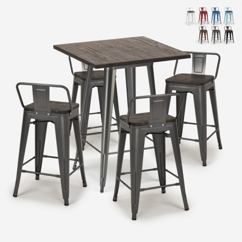 Set tavolino bar alto 60x60cm 4 sgabelli tolix legno industriale Bent