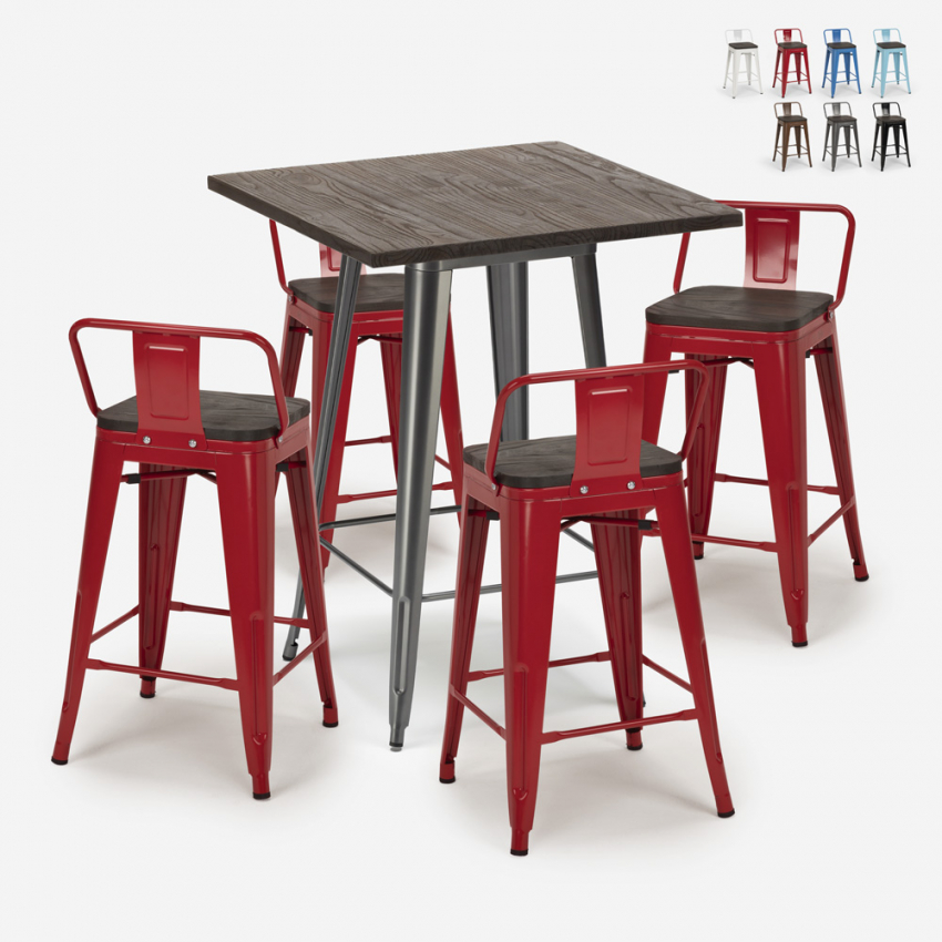set bar industriale 4 sgabelli tavolino 60x60cm legno metallo peaky Stock set bar industriale 4 sgabelli tavolino 60x60cm legno metallo peaky Stock