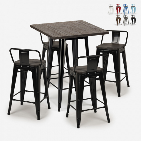 Ensemble 4 Tabourets style Tolix Table 60x60cm Bois Métal Industriel Peaky Black Promotion