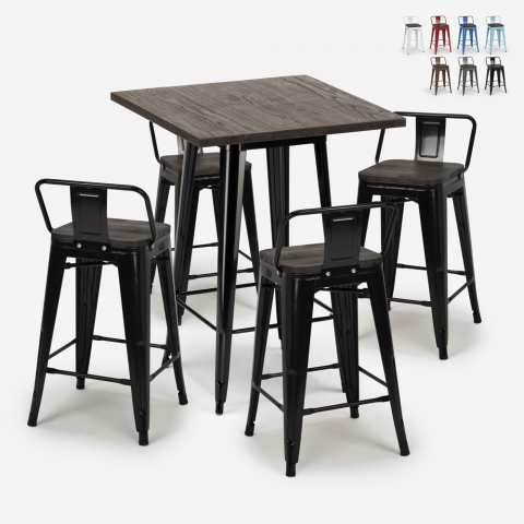set 4 sgabelli tavolino industriale 60x60cm legno metallo peaky black Promozione
