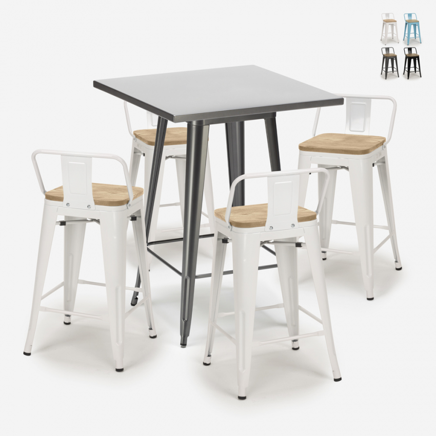 set tisch 60x60cm 4 hocker industrial metall holz bucket steel Verkauf set tisch 60x60cm 4 hocker industrial metall holz bucket steel Verkauf
