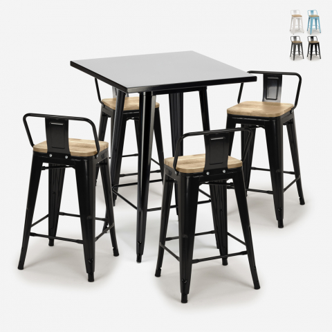 Ensemble Table Noire 60x60cm 4 Tabourets style Tolix Métal Bar Cuisine Bucket Steel Black Promotion