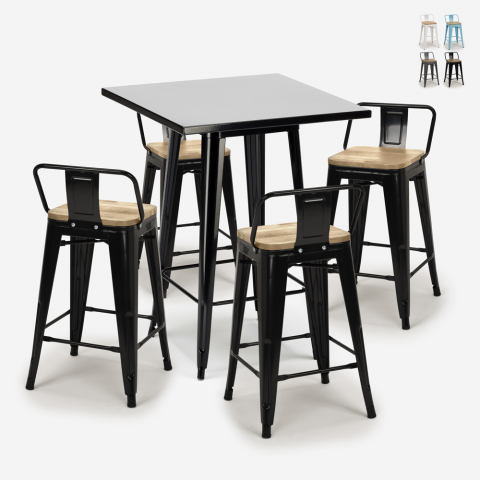 Set tavolino metallo nero 60x60cm 4 sgabelli tolix bar cucina Bucket Steel Black Promozione
