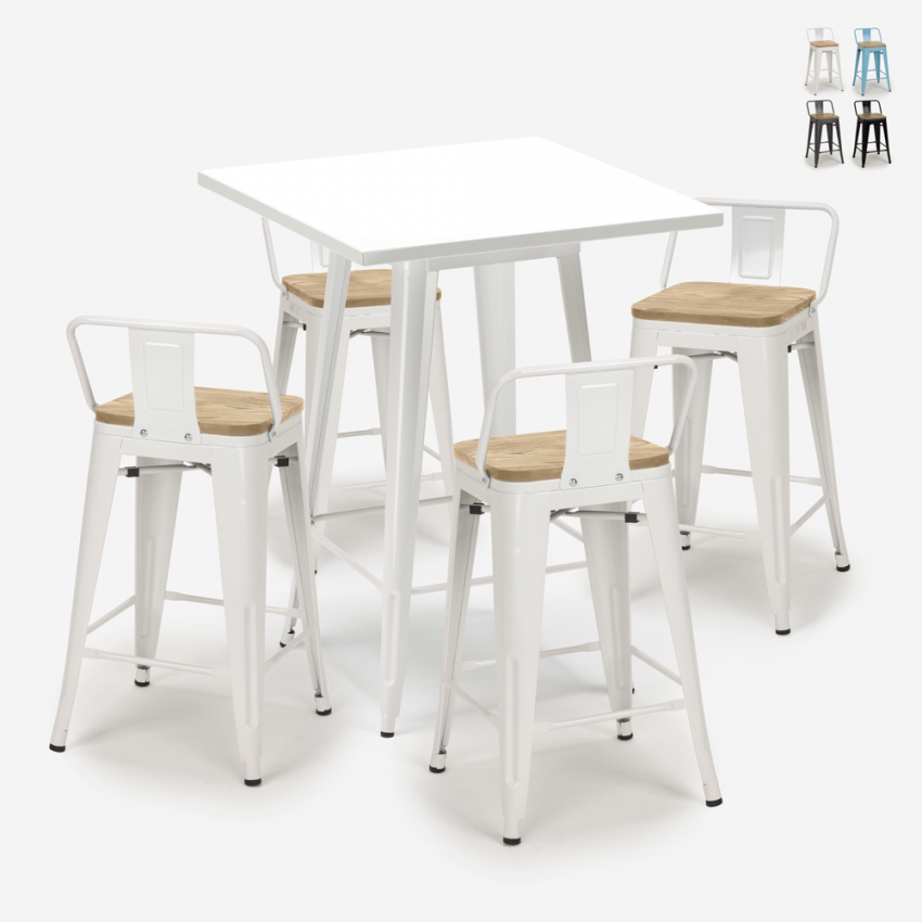 set bar 4 sgabelli industriale tavolino 60x60cm bianco bucket steel white Promozione set bar 4 sgabelli industriale tavolino 60x60cm bianco bucket steel white Promozione