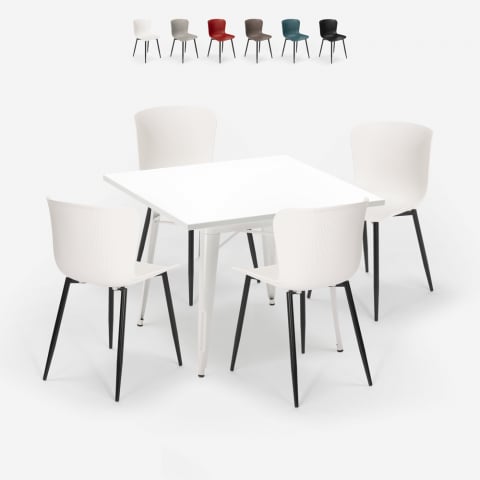Ensemble de 4 Chaises et 1 Table Carrée 80x80cm Design Industriel Cuisine Restaurant Wrench Light Promotion
