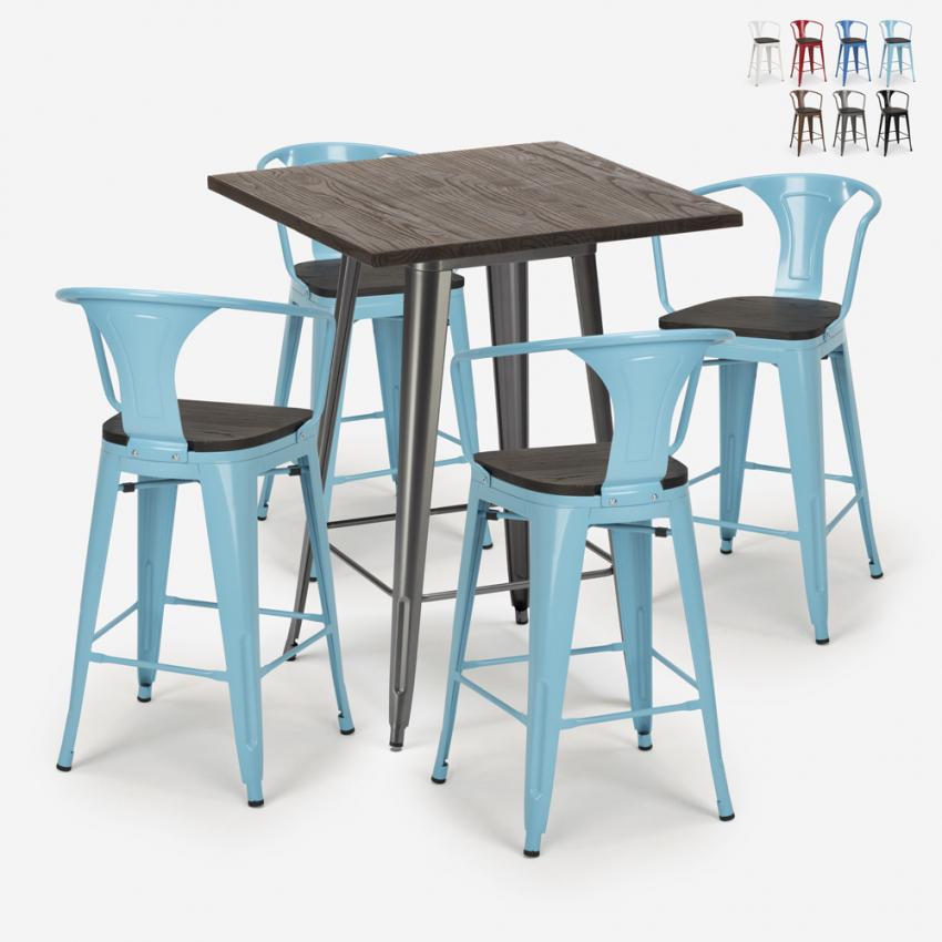 set tavolino alto legno 60x60cm 4 sgabelli metallo industriale bruck wood Vendita set tavolino alto legno 60x60cm 4 sgabelli metallo industriale bruck wood Vendita