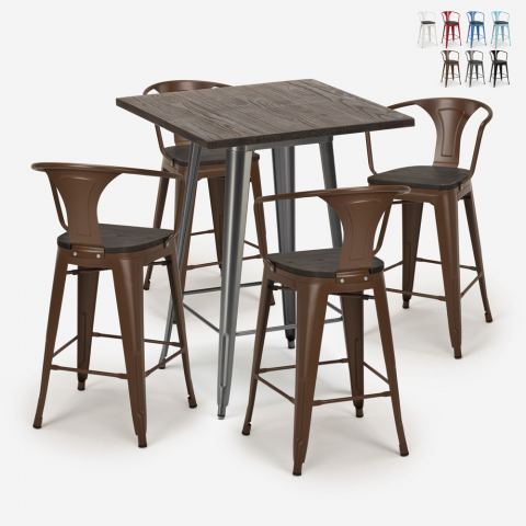 Ensemble Table Haute 60x60cm 4 Tabourets Tolix Bois Métal Industriel Bruck Wood Promotion