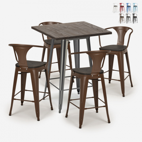set tavolino alto legno 60x60cm 4 sgabelli metallo Lix industriale bruck wood Promozione