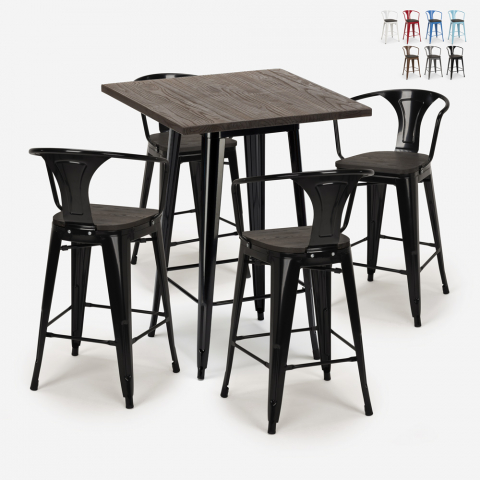 set 4 sgabelli metallo industriale tavolino alto 60x60cm bruck wood black Promozione