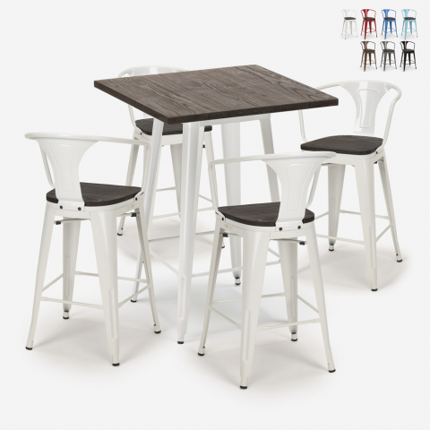 ensemble 4 tabourets table 60x60cm bois métal bar bruck wood white Promotion