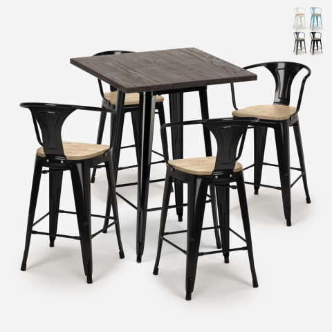Ensemble Table Haute 60x60cm et 4 Tabourets style Tolix Bar Cuisine Bruck Black Top Light Promotion