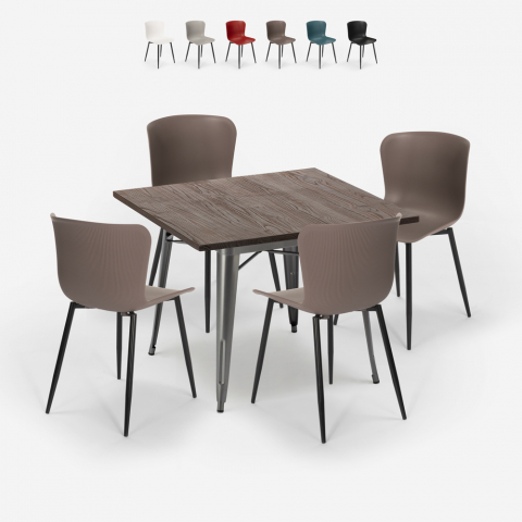 Ensemble Table Carrée 80x80cm Design Industriel et 4 Chaises Cuisine Restaurant Anvil Promotion