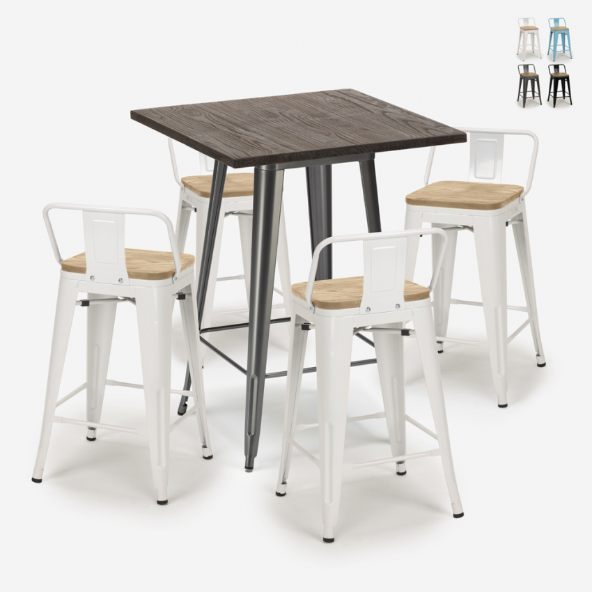 set industriale 4 sgabelli tavolino bar 60x60cm legno metallo rough Offerta set industriale 4 sgabelli tavolino bar 60x60cm legno metallo rough Offerta