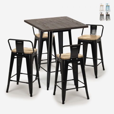 ensemble 4 tabourets style table 60x60cm bar bois métal industriel rough black Promotion