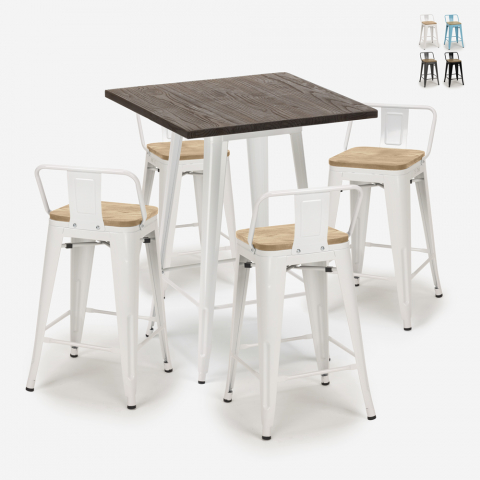 ensemble table 60x60cm 4 tabourets style Lix bar design industriel rough white Promotion